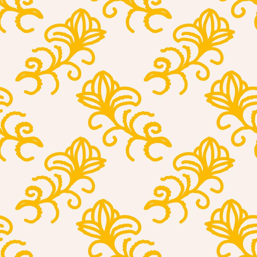 Cute floral seamless pattern with thin line doodle flowers, branches and leaves, floral background. vector
