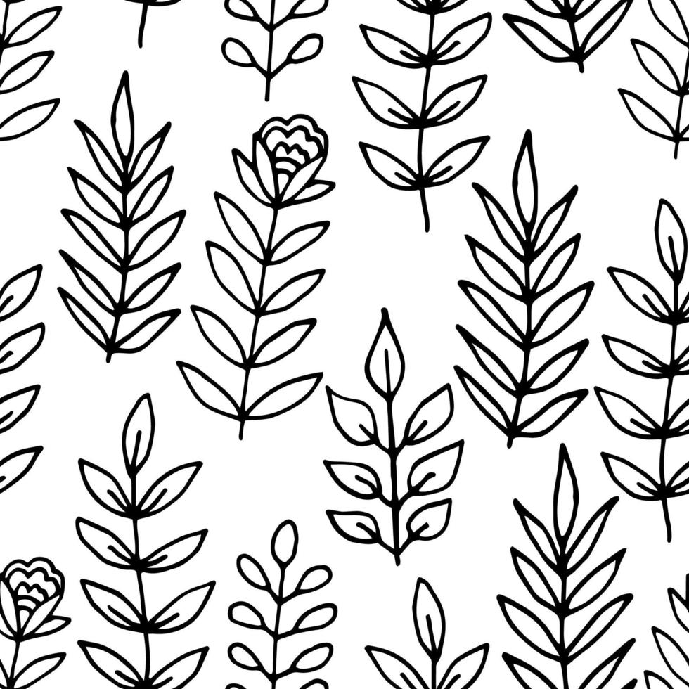 Cute floral seamless pattern with thin line doodle flowers, branches and leaves, floral background. vector