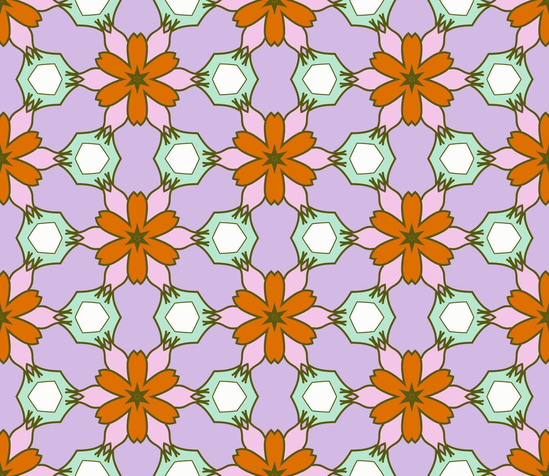 Abstract colorful doodle geometric flower seamless pattern. Floral background. Kaleidoscope mosaic, geo tile of thin line ornament. vector