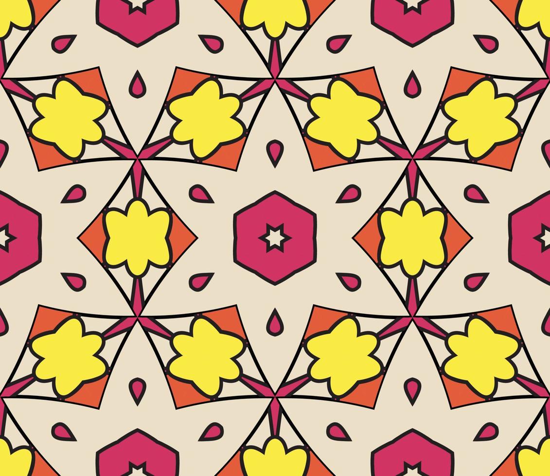 Abstract colorful doodle geometric flower seamless pattern. Floral background. Kaleidoscope mosaic, geo tile of thin line ornament. vector