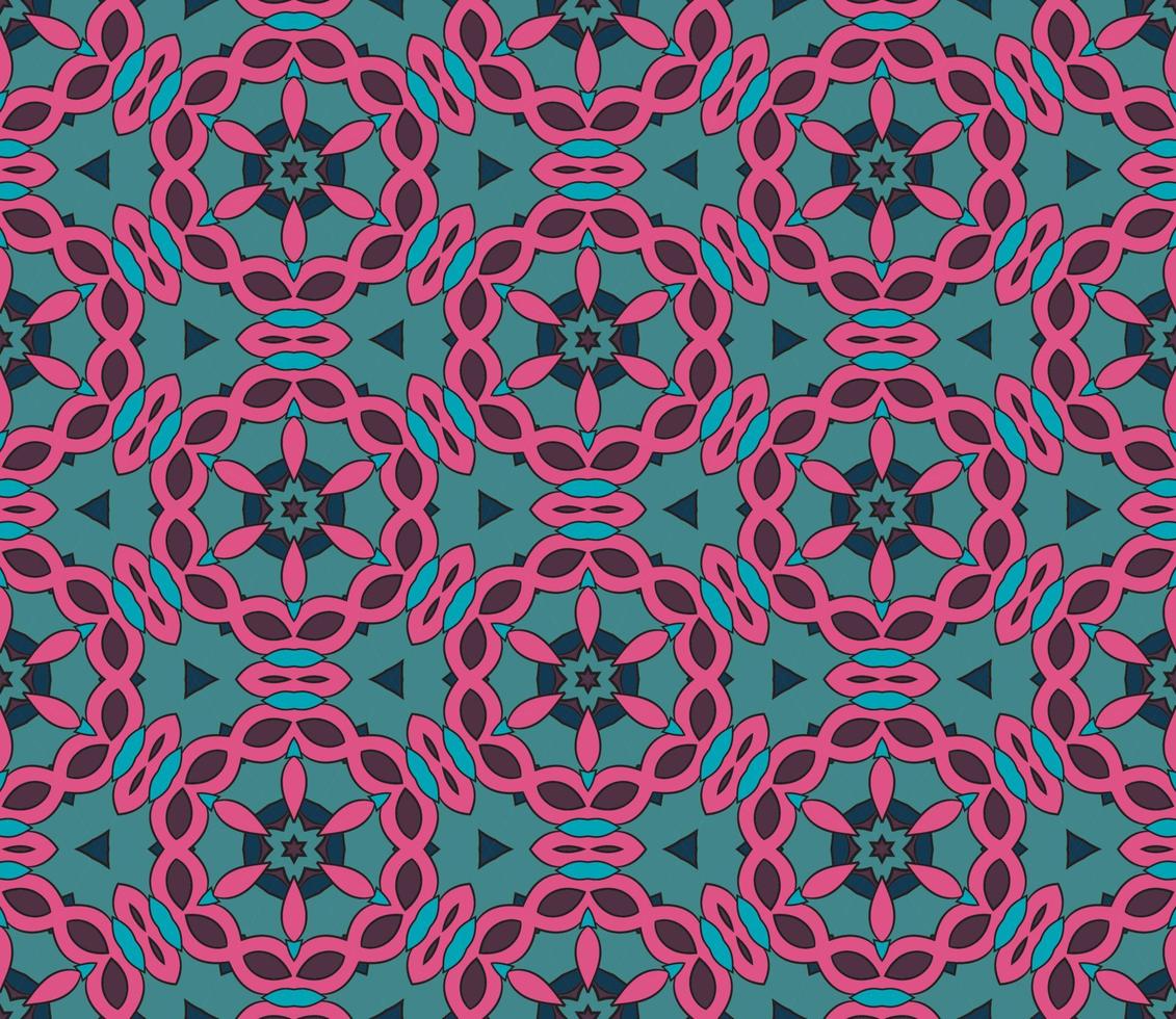 Abstract colorful doodle geometric flower seamless pattern. Floral background. Kaleidoscope mosaic, geo tile of thin line ornament. vector