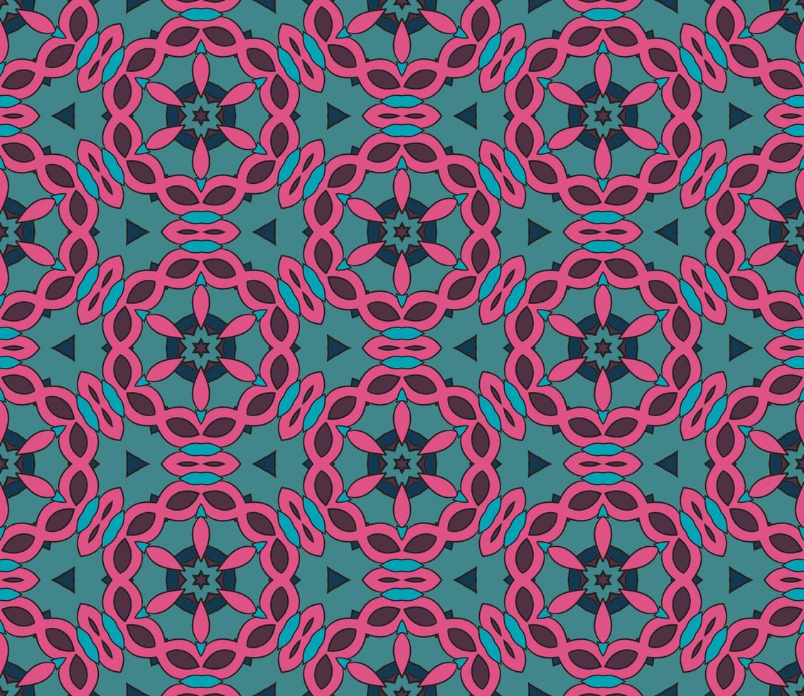 Abstract colorful doodle geometric flower seamless pattern. Floral background. Kaleidoscope mosaic, geo tile of thin line ornament. vector