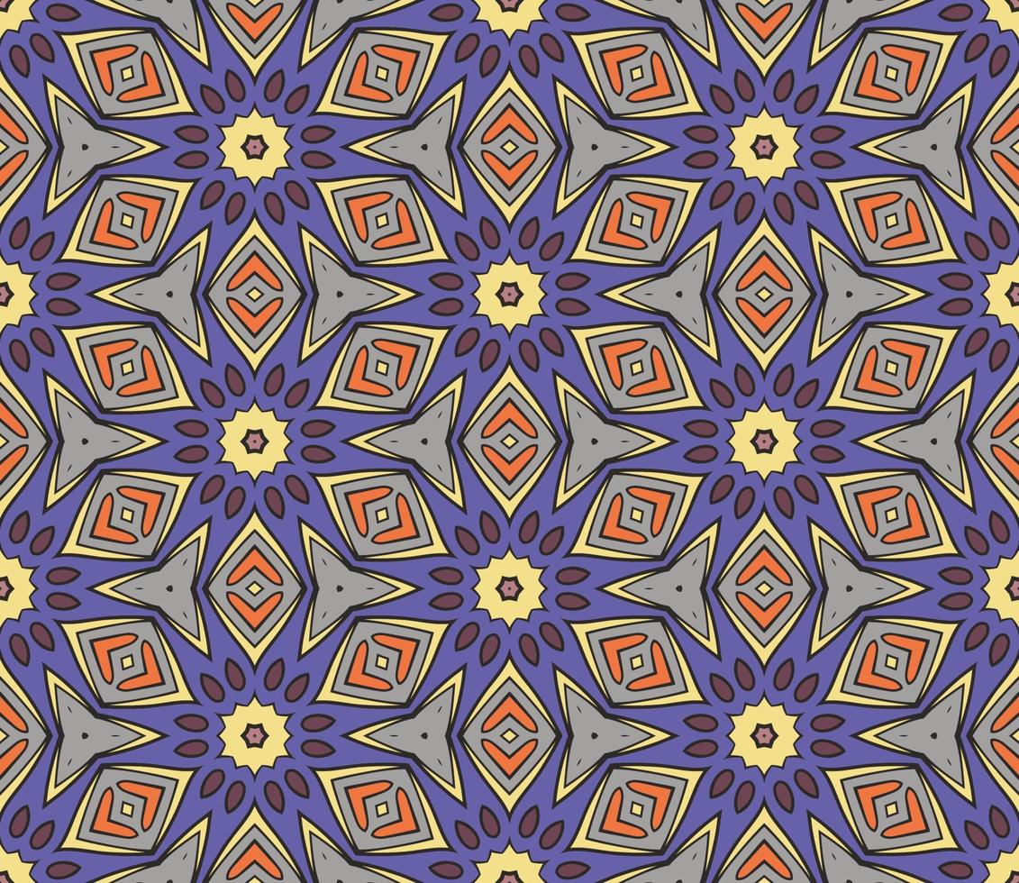 Abstract colorful doodle geometric flower seamless pattern. Floral background. Kaleidoscope mosaic, geo tile of thin line ornament. vector