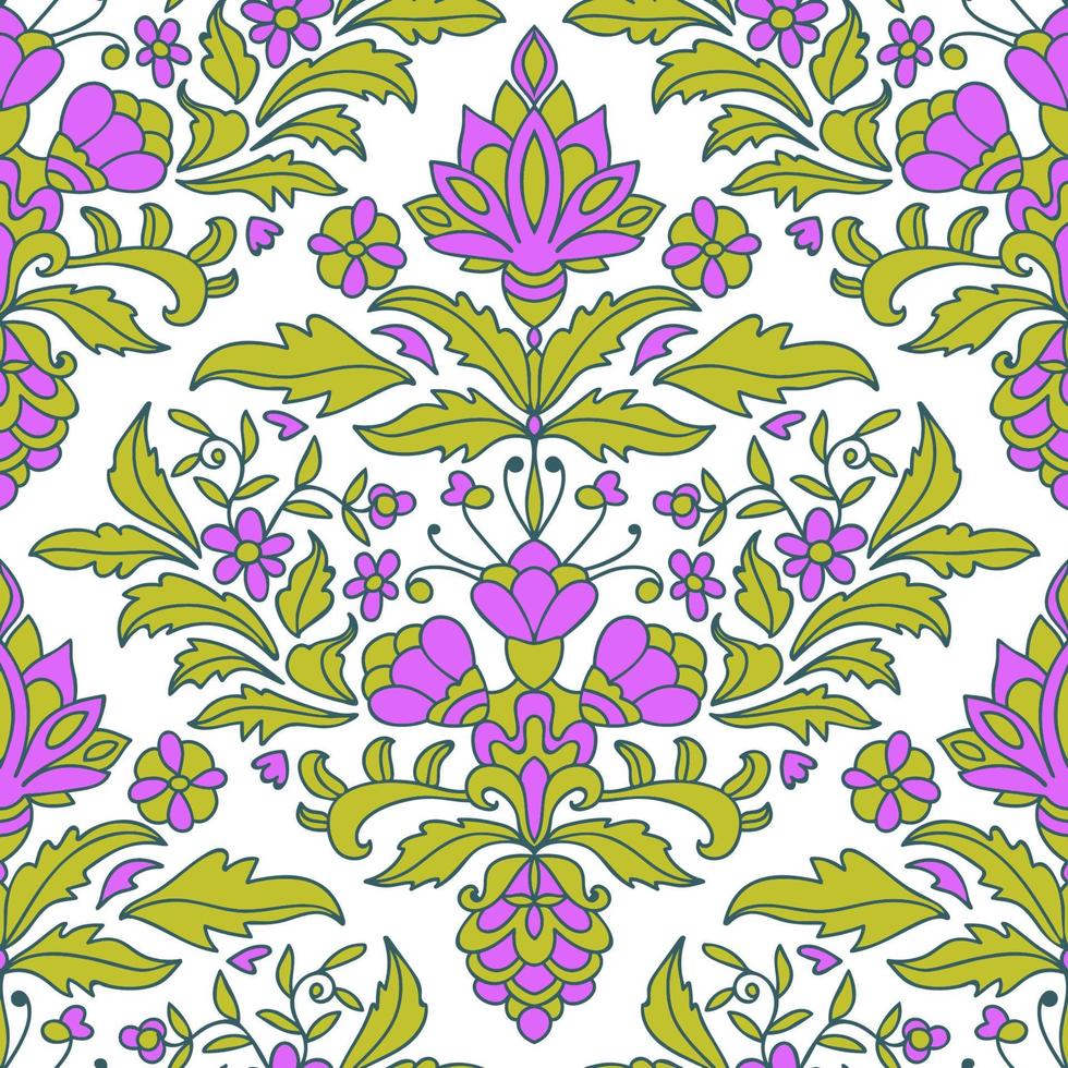 Colorful thin line floral damask seamless pattern with fantasy flowers, leaves. vector