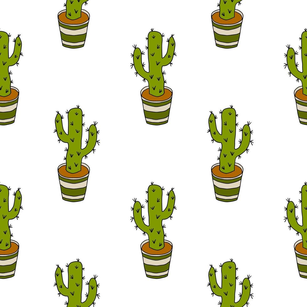 Cartoon doodle cactus in the pot seamless pattern. Potted flower background. vector