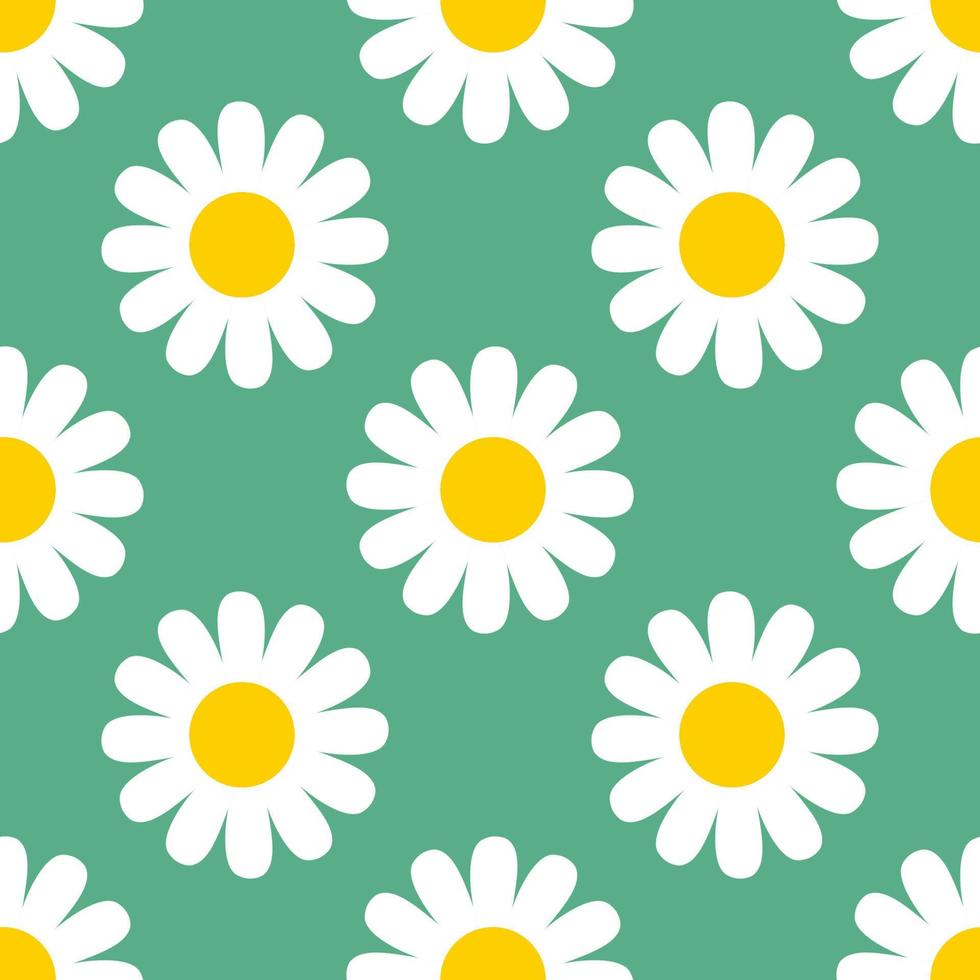 Abstract cute white Chamomile flower in flat style seamless pattern. Floral Daisy meadow Polka dot background on green. Wrapping paper, textile, fabric. vector