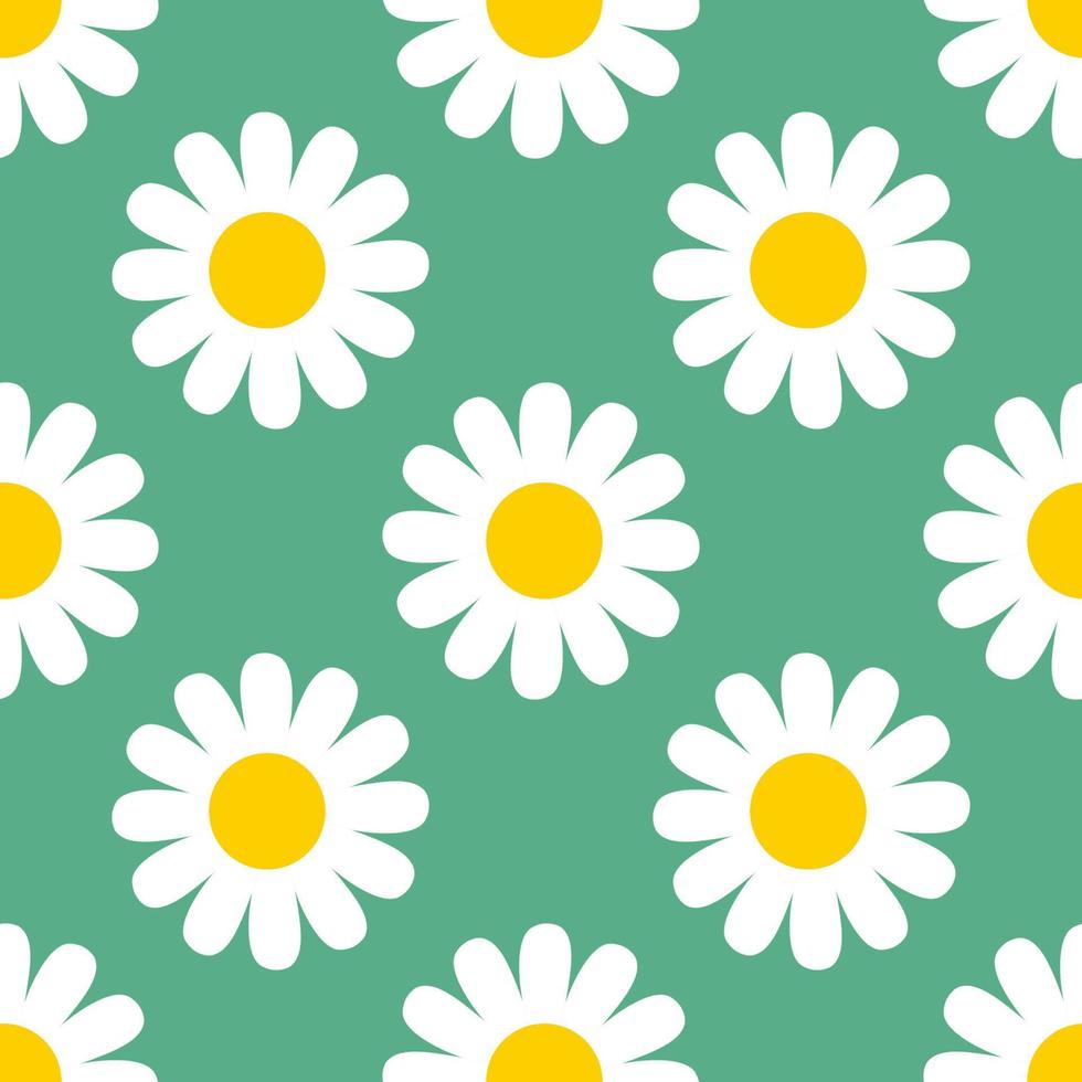 Abstract cute white Chamomile flower in flat style seamless pattern. Floral Daisy meadow Polka dot background on green. Wrapping paper, textile, fabric. vector