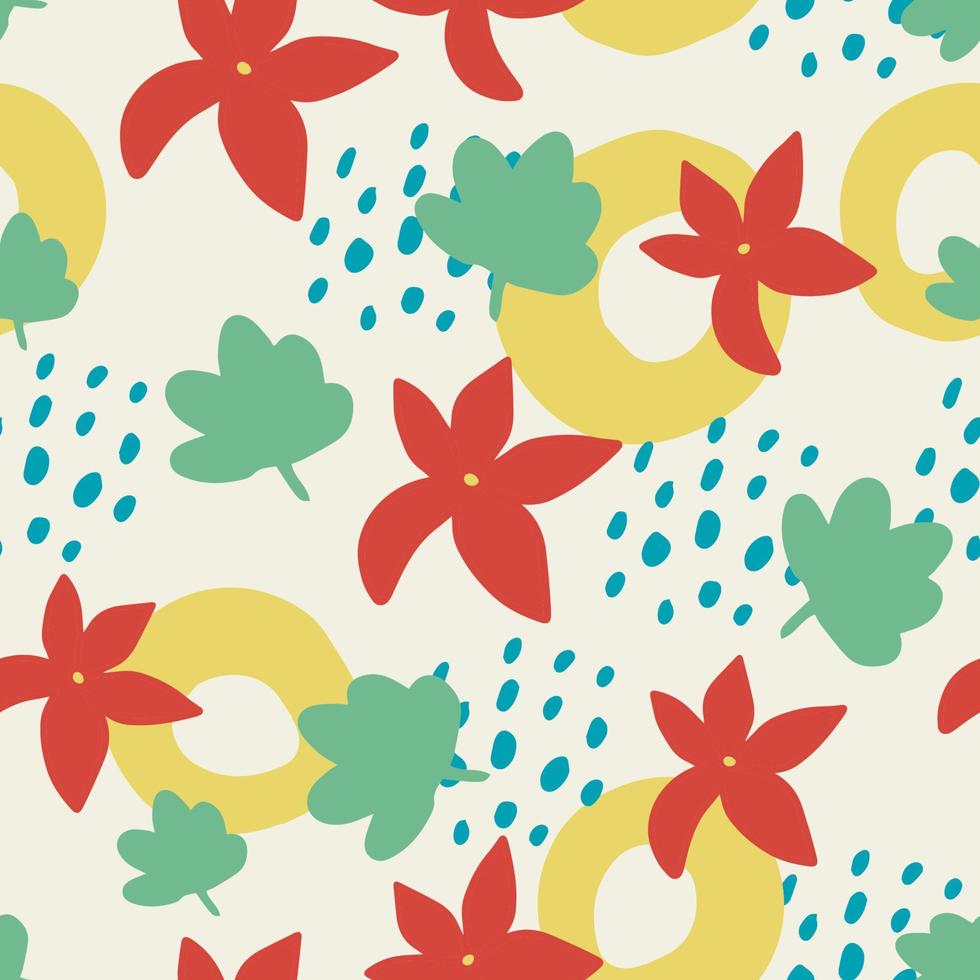 Cute cartoon messy flowers, dots, shapes seamless pattern. Modern geometric shapes background. vector