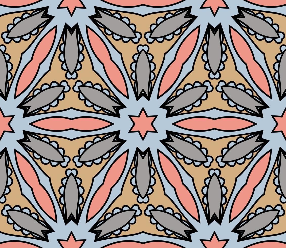 Abstract colorful doodle geometric flower seamless pattern. Floral background. Kaleidoscope mosaic, geo tile of thin line ornament. vector
