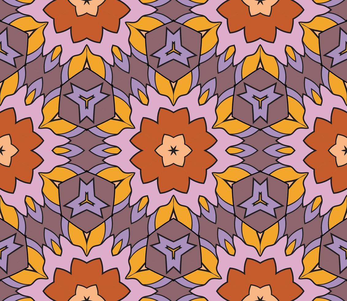 Abstract colorful doodle geometric flower seamless pattern. Floral background. Kaleidoscope mosaic, geo tile of thin line ornament. vector