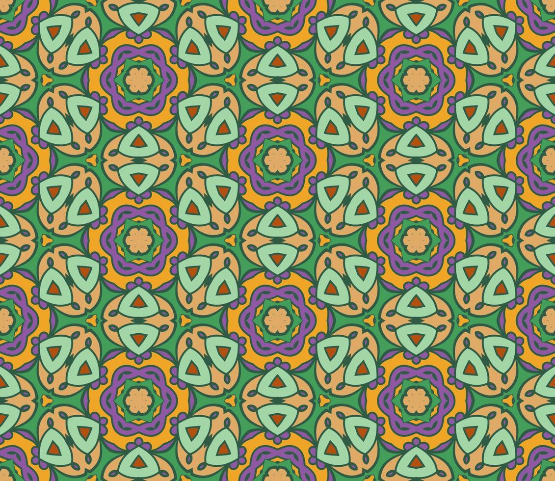 Abstract colorful doodle geometric flower seamless pattern. Floral background. Kaleidoscope mosaic, geo tile of thin line ornament. vector