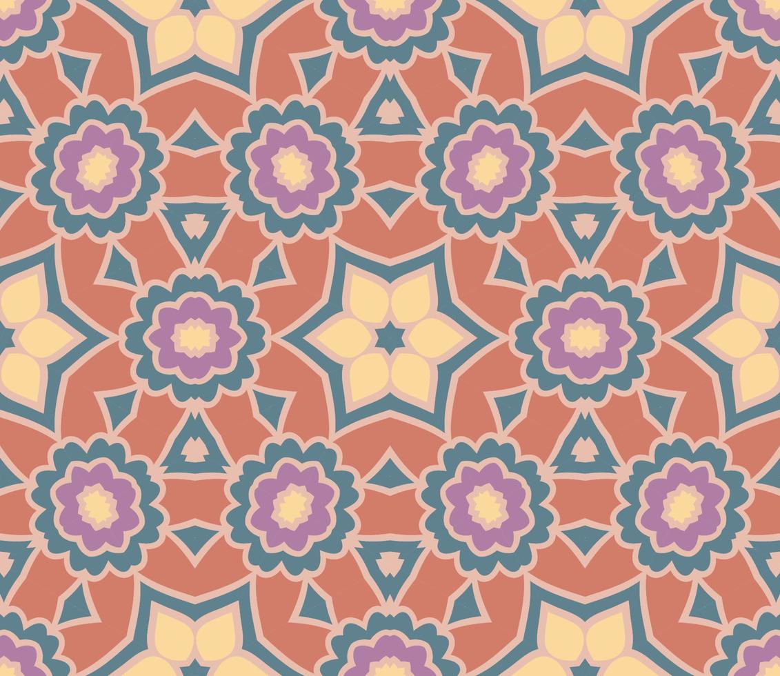 Abstract colorful doodle geometric flower seamless pattern. Floral background. Kaleidoscope mosaic, geo tile of thin line ornament. vector