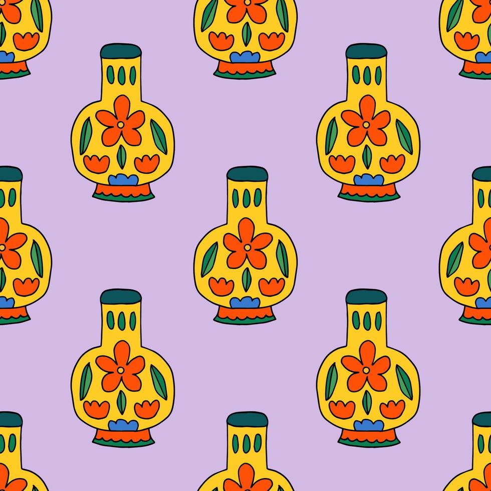 Cute cartoon doodle empty vase with floral ornament seamless pattern. Vase background. vector