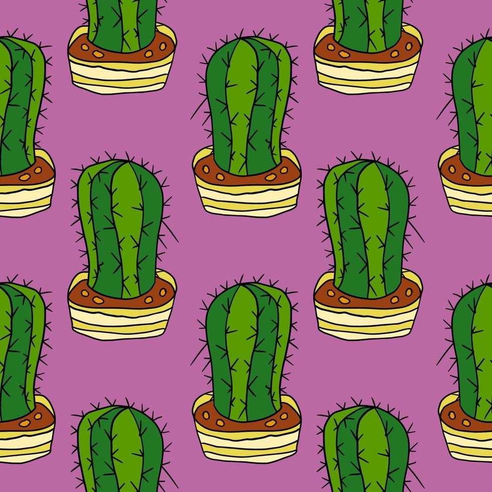 Cartoon doodle cactus in the pot seamless pattern. Potted flower background. vector