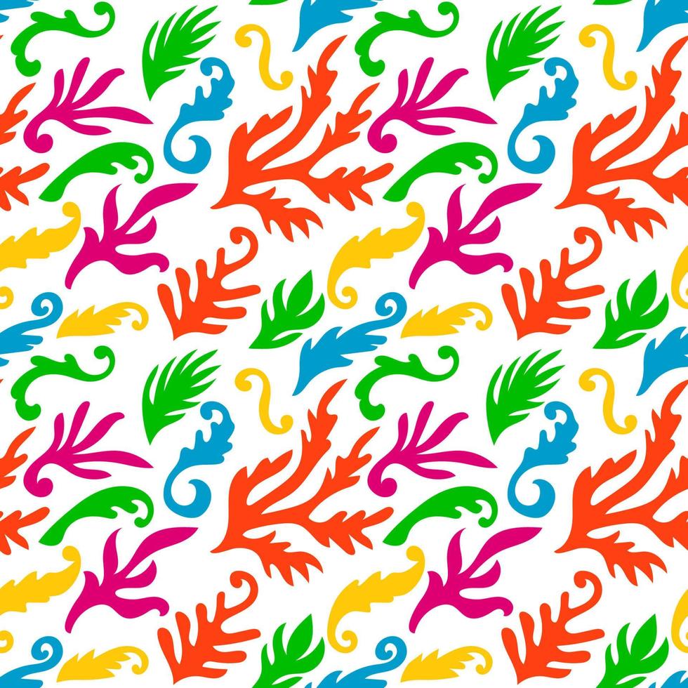 Colorful abstract seamless pattern with organic shapes, floral curls, leaves. vector