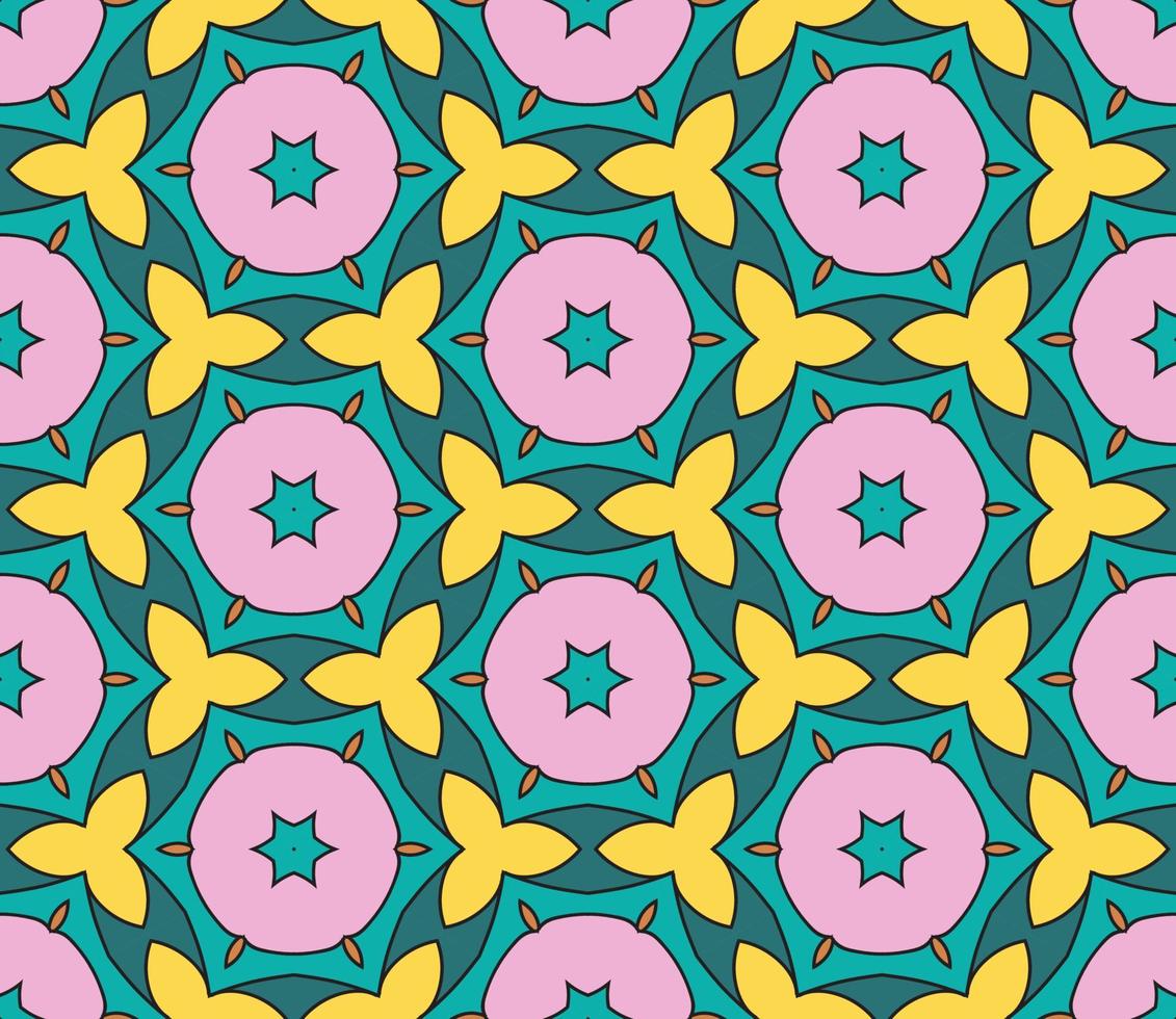 Abstract colorful doodle geometric flower seamless pattern. Floral background. Kaleidoscope mosaic, geo tile of thin line ornament. vector