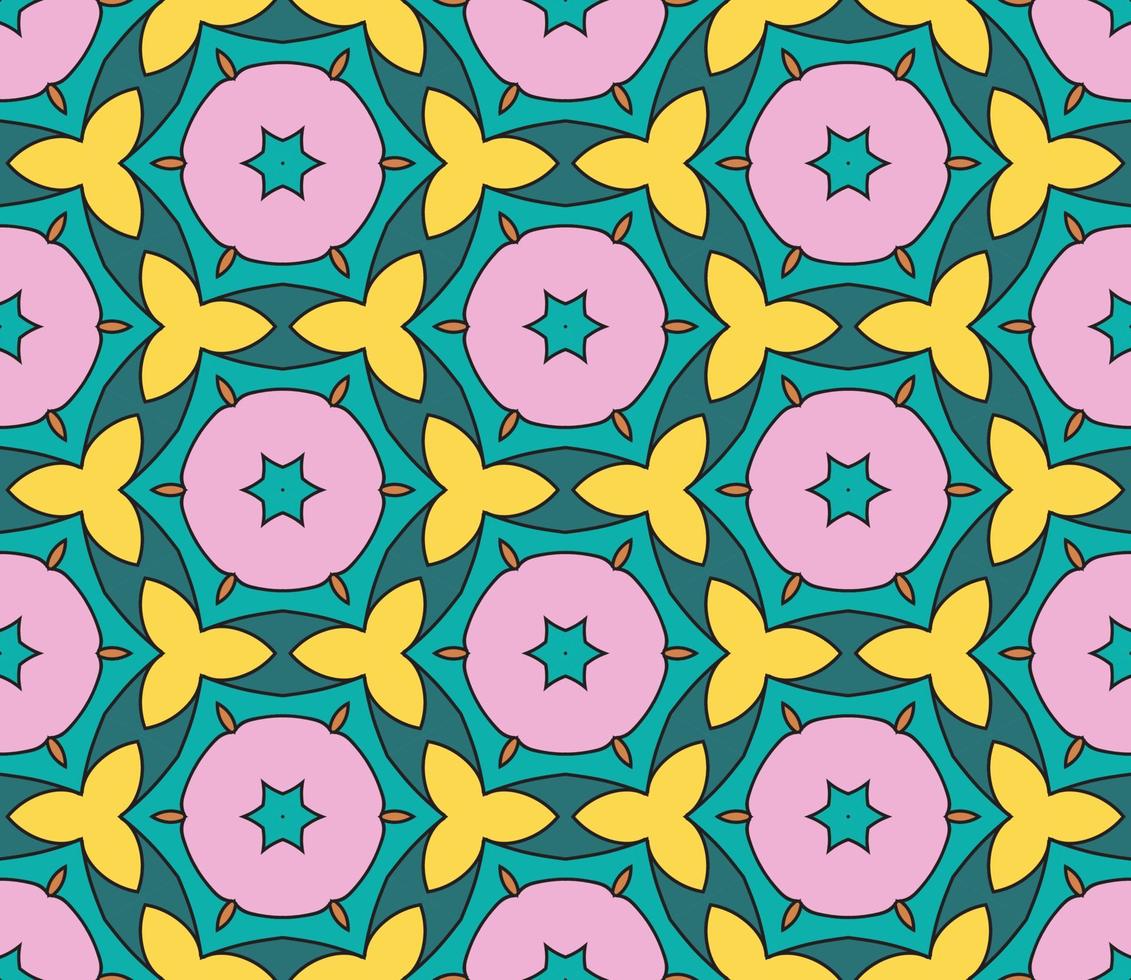 Abstract colorful doodle geometric flower seamless pattern. Floral background. Kaleidoscope mosaic, geo tile of thin line ornament. vector