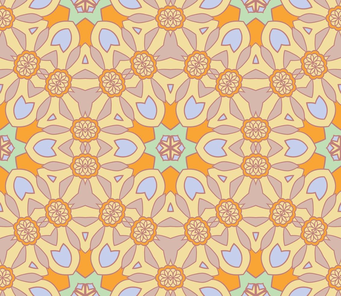 Abstract colorful doodle geometric flower seamless pattern. Floral background. Kaleidoscope mosaic, geo tile of thin line ornament. vector