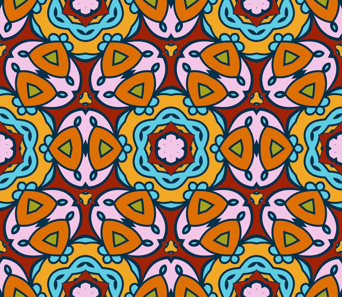 Abstract colorful doodle geometric flower seamless pattern. Floral background. Kaleidoscope mosaic, geo tile of thin line ornament. vector