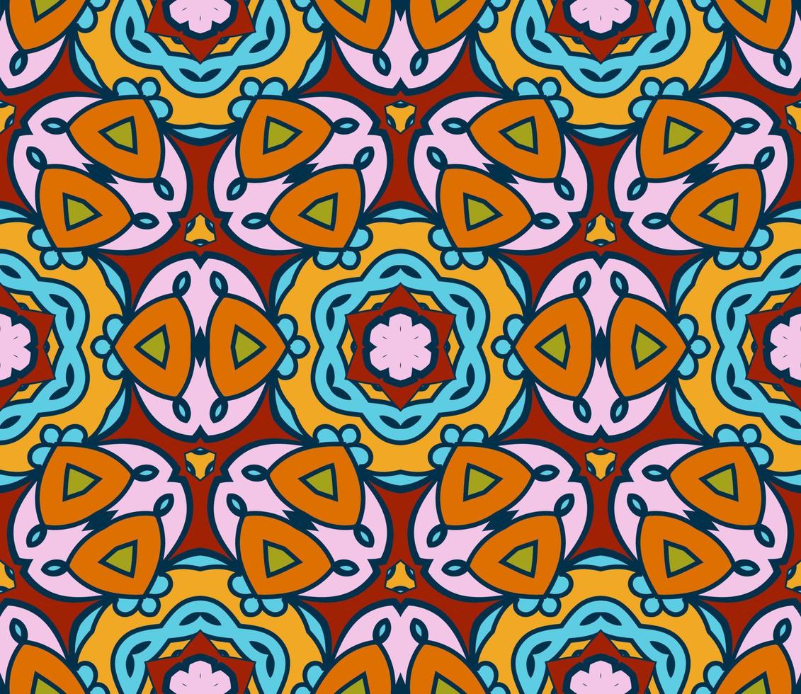 Abstract colorful doodle geometric flower seamless pattern. Floral background. Kaleidoscope mosaic, geo tile of thin line ornament. vector