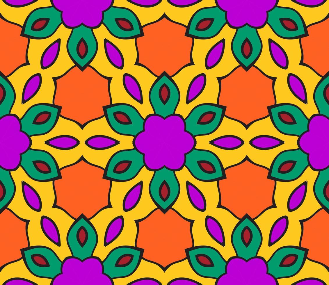 Abstract colorful doodle geometric flower seamless pattern. Floral background. Kaleidoscope mosaic, geo tile of thin line ornament. vector