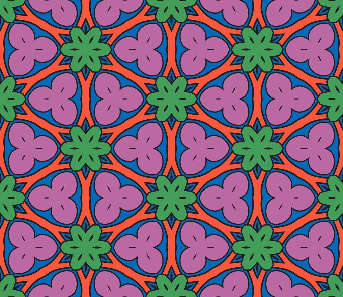 Abstract colorful doodle geometric flower seamless pattern. Floral background. Kaleidoscope mosaic, geo tile of thin line ornament. vector
