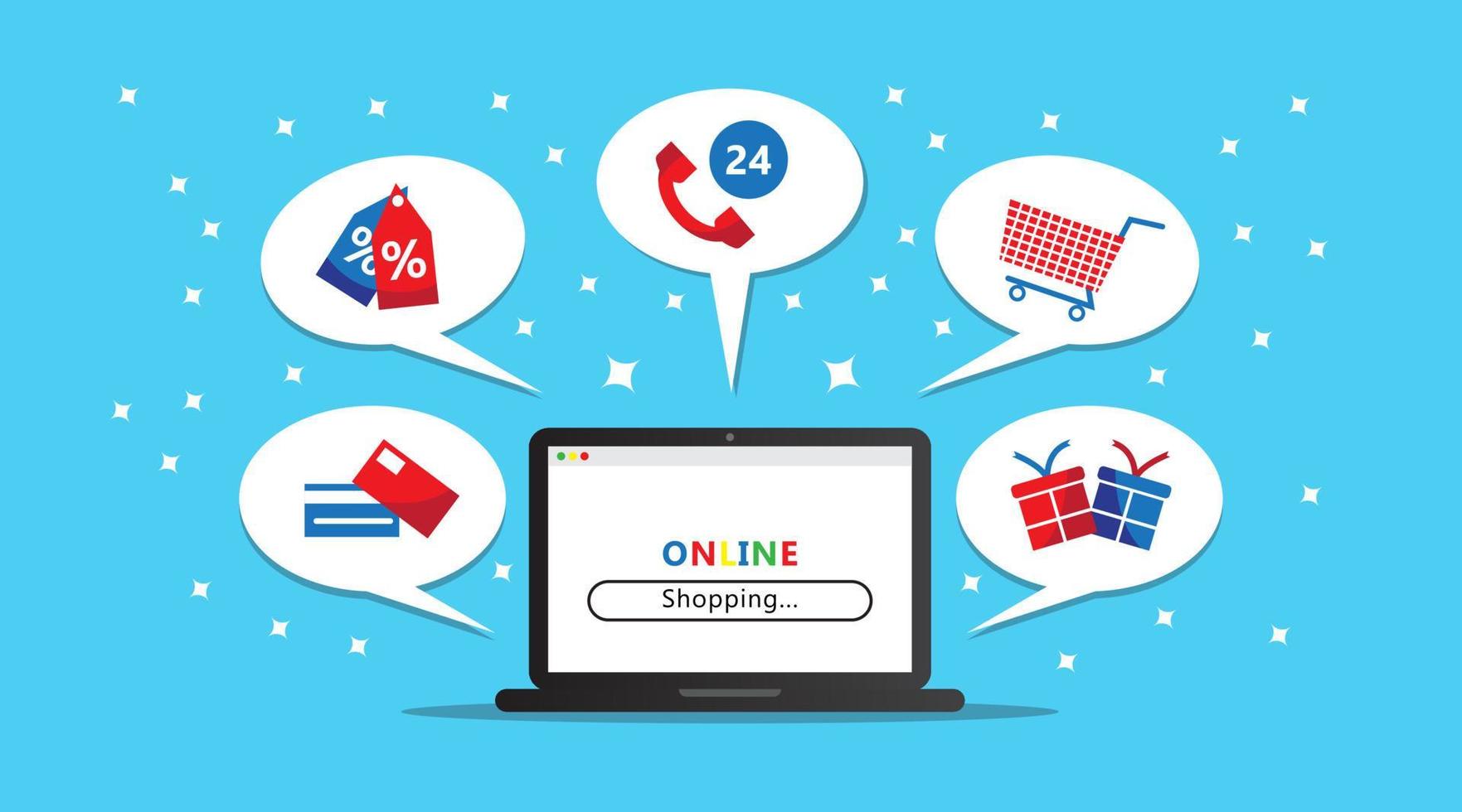Online shop web site service, solution one application for all needs. Like buying products, promo, payment, and customer services, laptop on desk illustration. vector