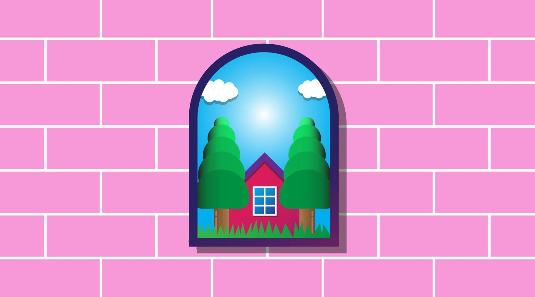 Curved house decoration, pink striped wallpaper on the walls. Comfortable room interiors. Flat vector illustration. Suitable for home decoration