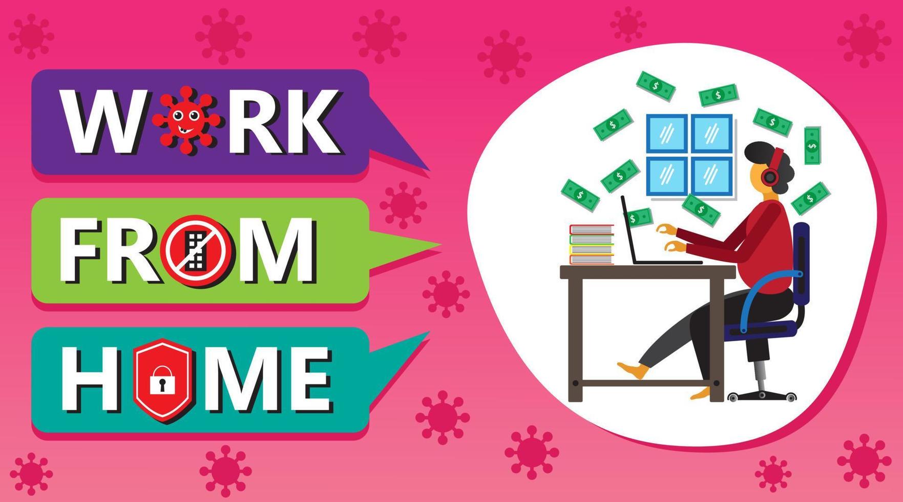 Vector illustration young man work at his home,  stay at home movement to avoid spreading the virus.  An effective step besides lockdown. Vector illustration background
