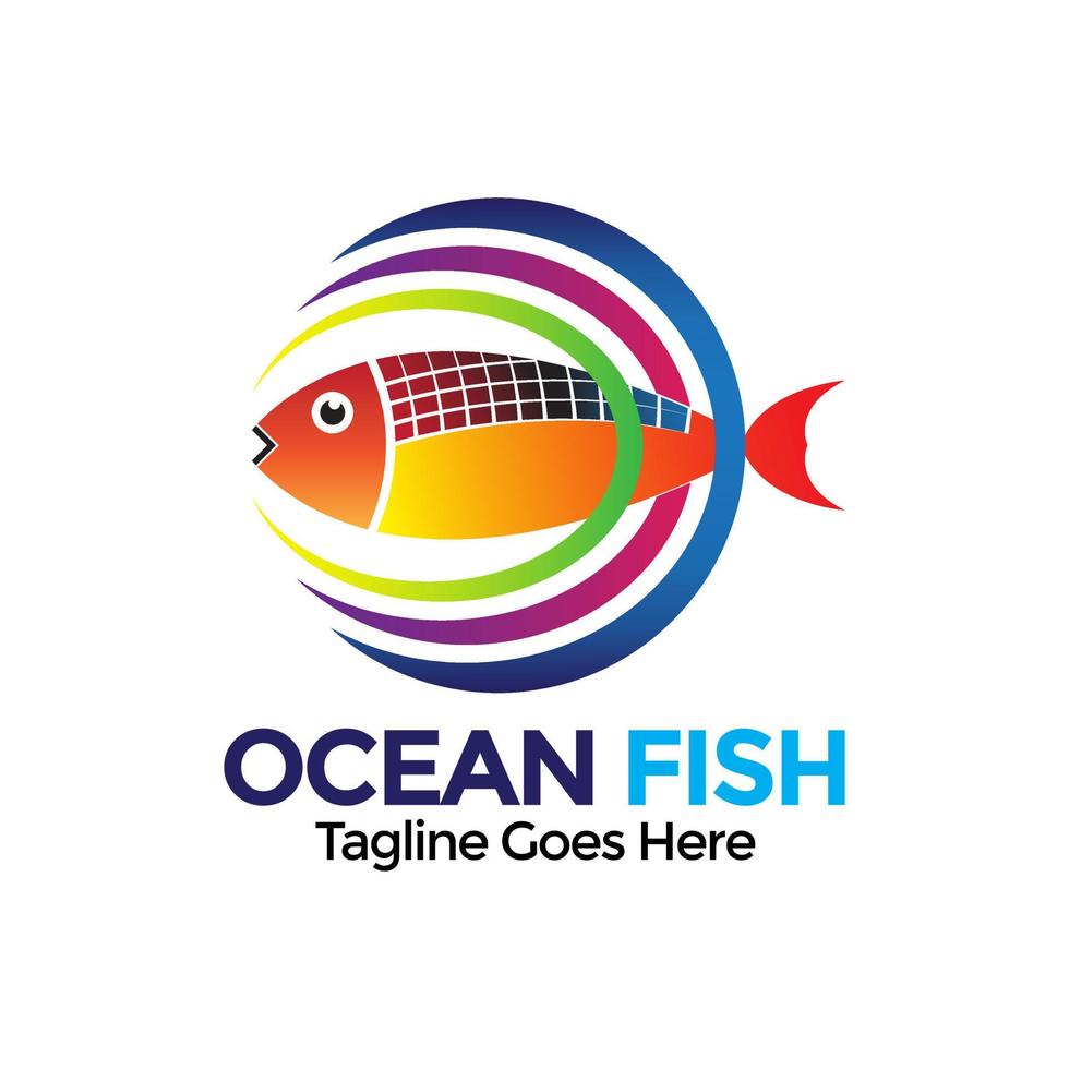 icono de pez oceánico. logo de pescado fresco con agua de ola vector