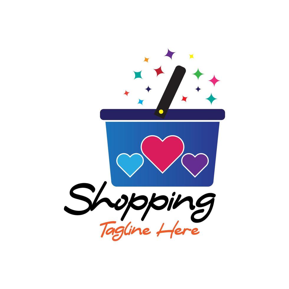 Shopping basket logo with colourful stars and shape loves. Abstract shopping logo. Online shop logo. vector