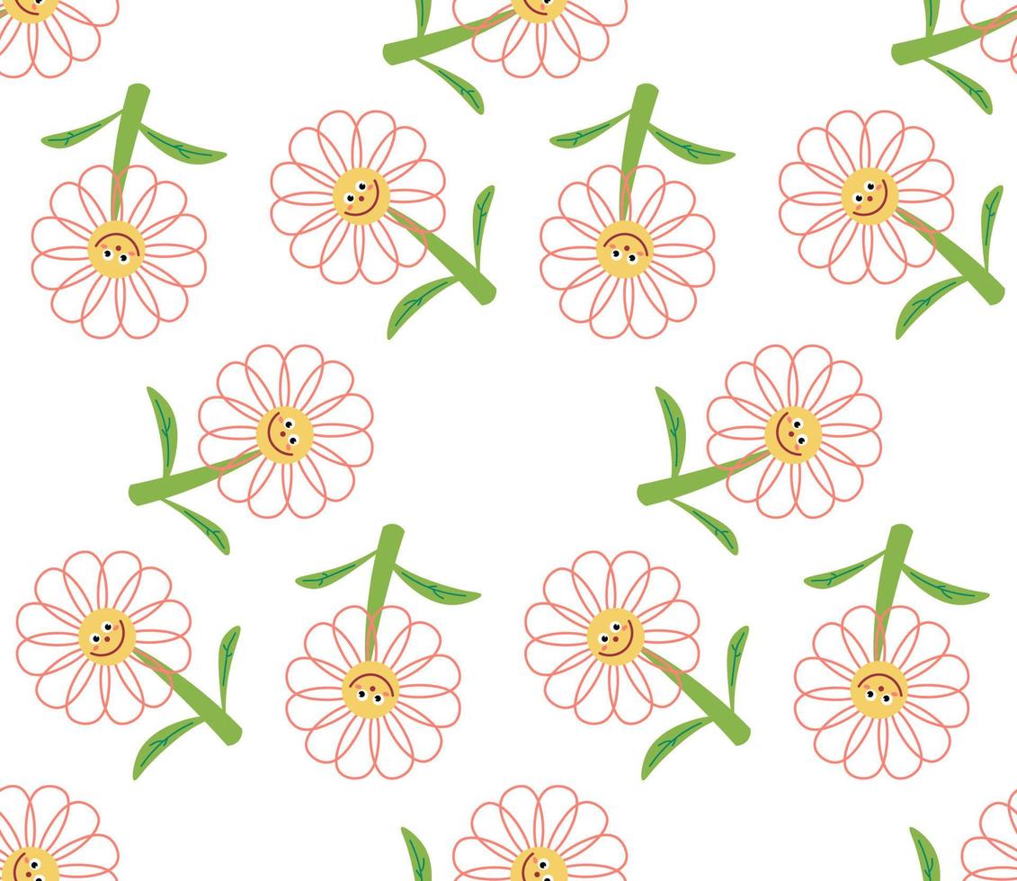Cute cartoon flower characters in flat style seamless pattern. Floral childlike style mosaic background. vector