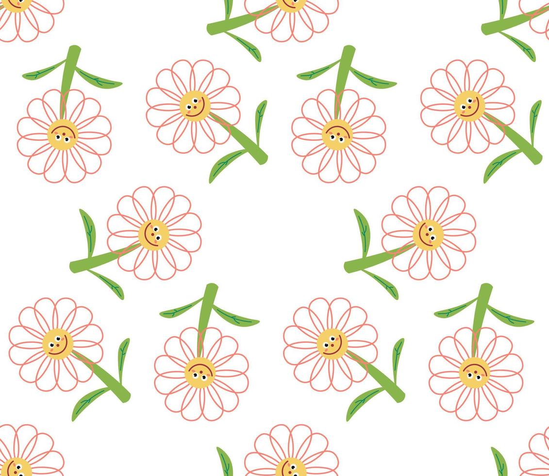 Cute cartoon flower characters in flat style seamless pattern. Floral childlike style mosaic background. vector