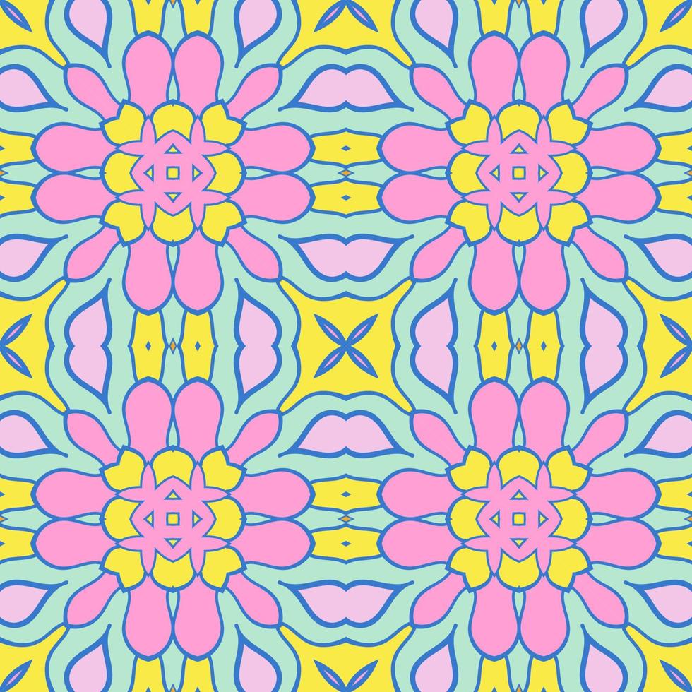 Abstract colorful doodle geometric flower seamless pattern. Floral background. Kaleidoscope mosaic, geo tile of thin line ornament. vector