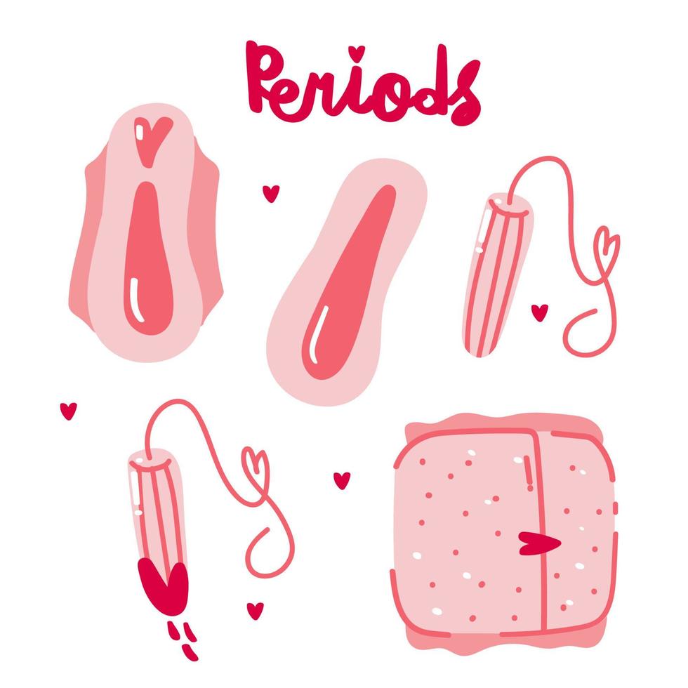 Hand drawn doodle vector set of hygiene products for menstruation