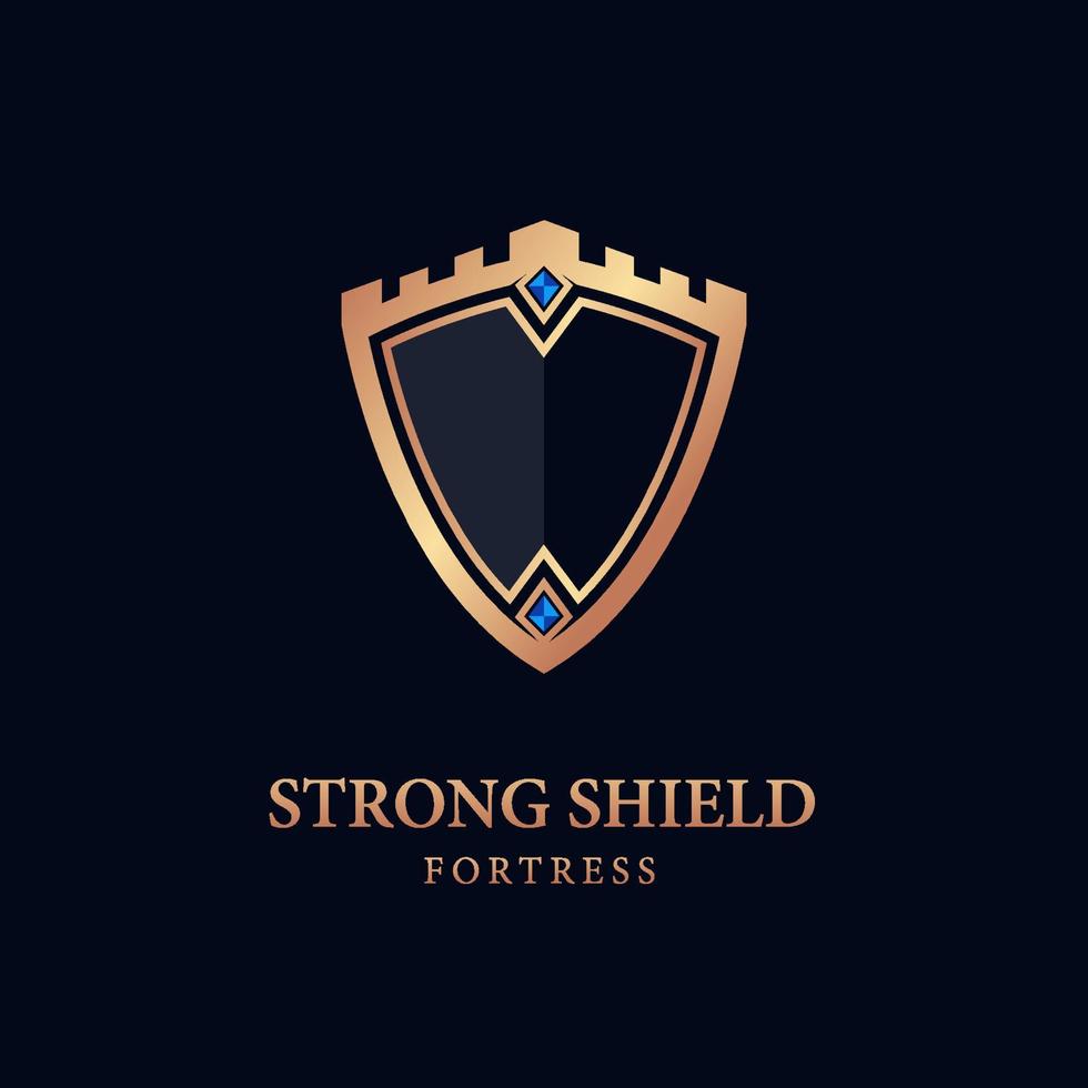 logotipo de escudo dorado. ilustración del escudo con una fuerte fortaleza vector