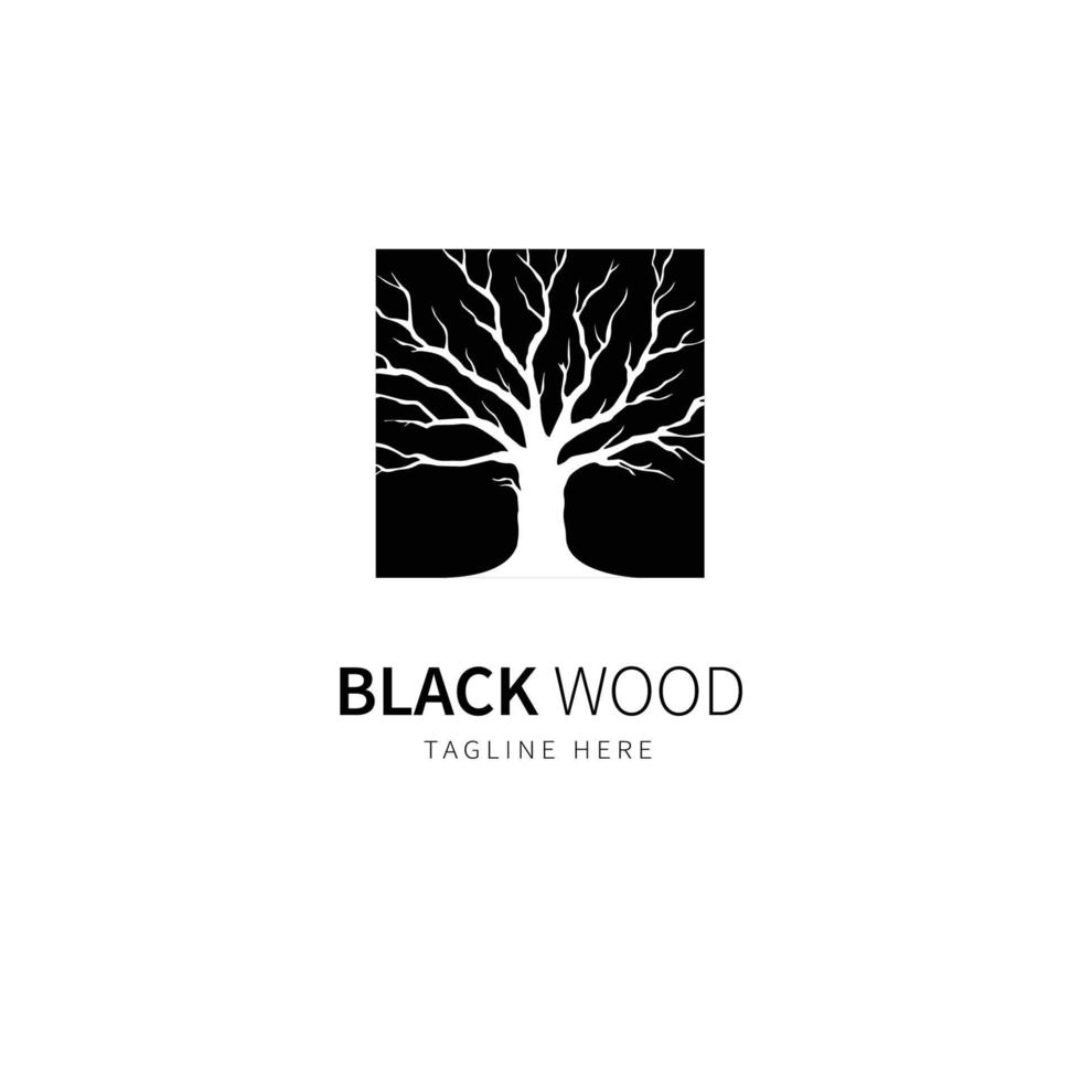 logotipo de árbol seco negro simple con vector de logotipo de templo cuadrado