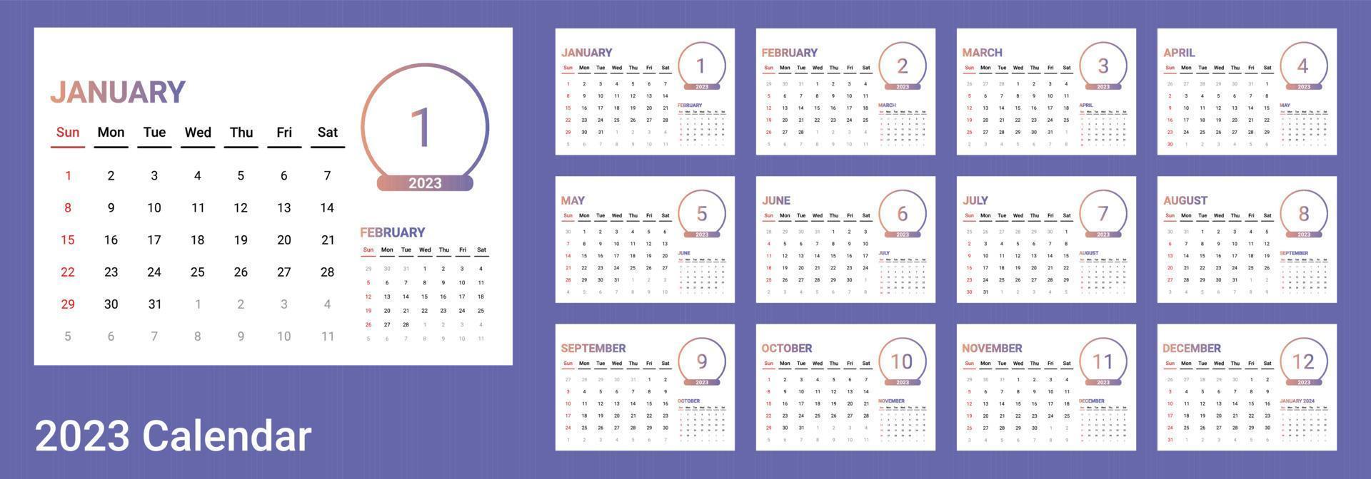 vector of 2023 calendar. monthly 2023 calendar template. wall calender with gradient themes. sunday as weekend. week start on sunday. good for schedule, daily log, planner, etc.