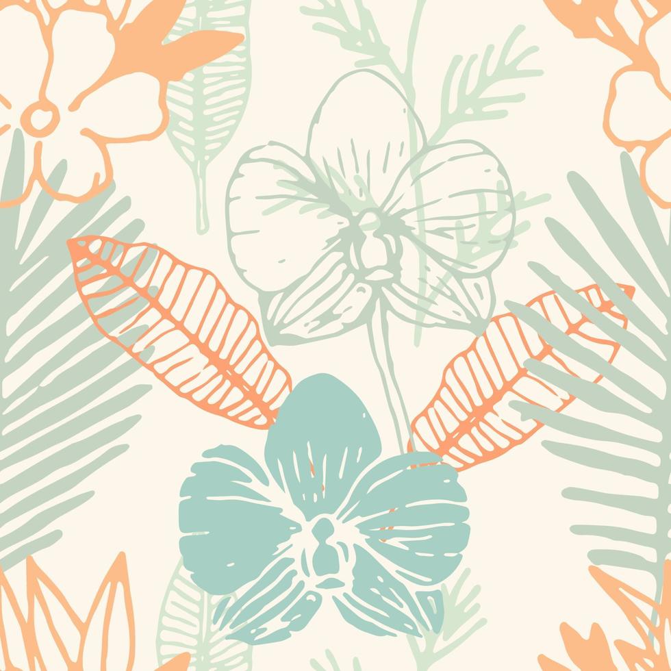 Tropical seamless pattern with frangipani, palm leaves, orchid flower.  Floral colorful background. vector