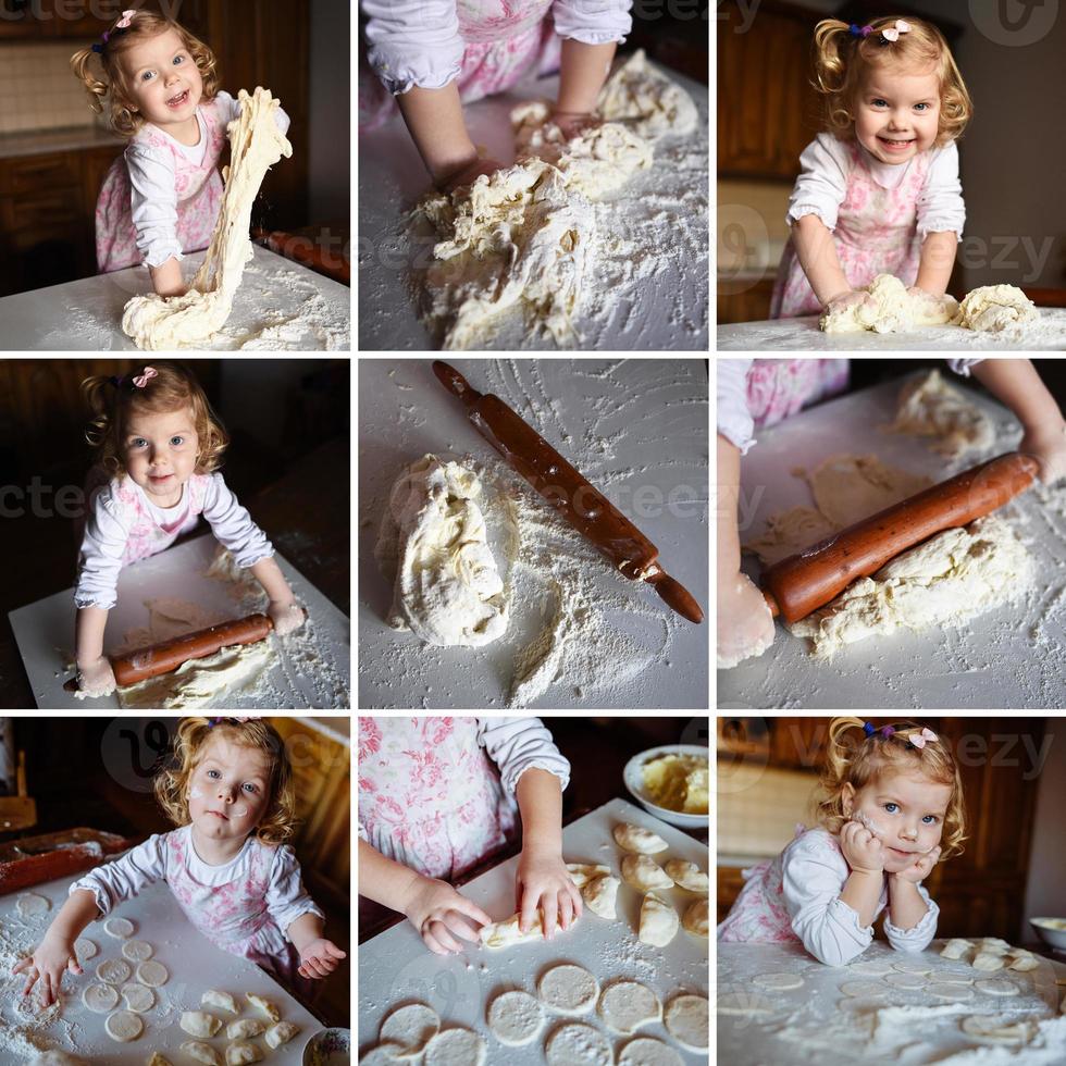 baker girl in chef hat at kitchen photo