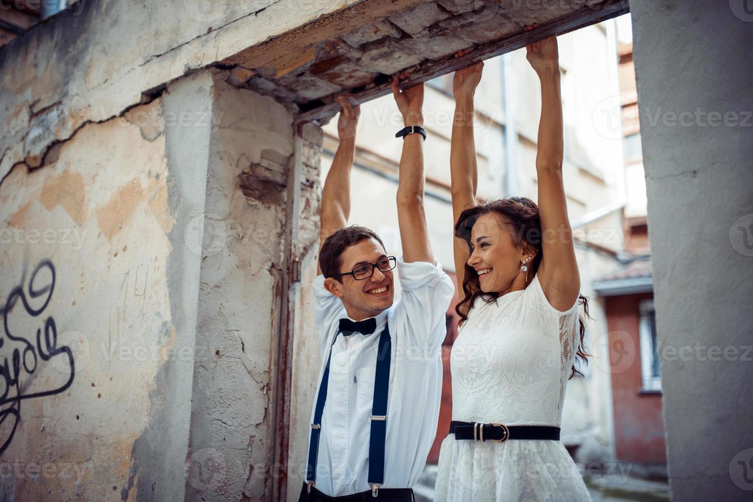 happy and loving couple walking and make photo in the old city