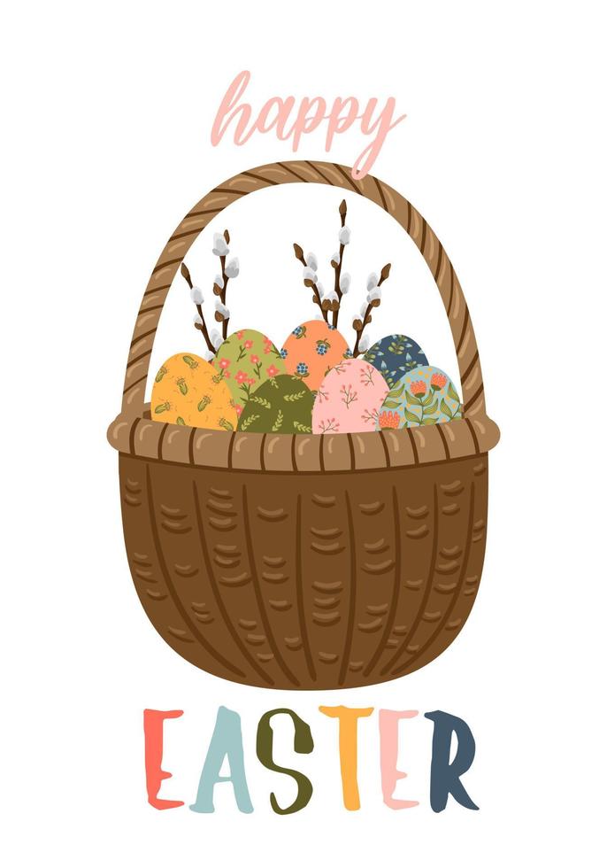 Happy Easter vector card with egg, spring flowers, bunny. Hand drawn Spring template for postcards, flyers, banners.