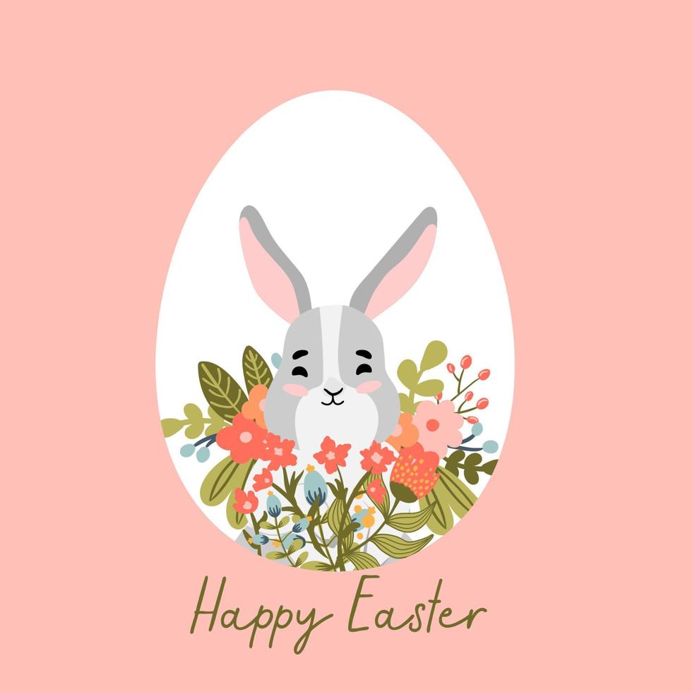 Happy Easter vector card with egg, spring flowers, bunny. Hand drawn Spring template for postcards, flyers, banners.