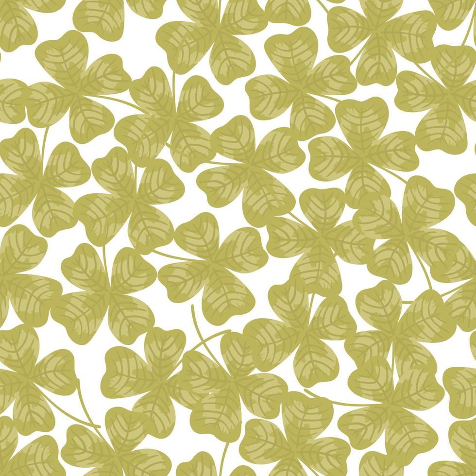 Four leaf clover vector seamless pattern. Lucky clover leaf four petals cartoon texture. Green shamrock for St. Patrick's Day, Irish Holiday beer festival background for fabric, wallpaper, wrap paper