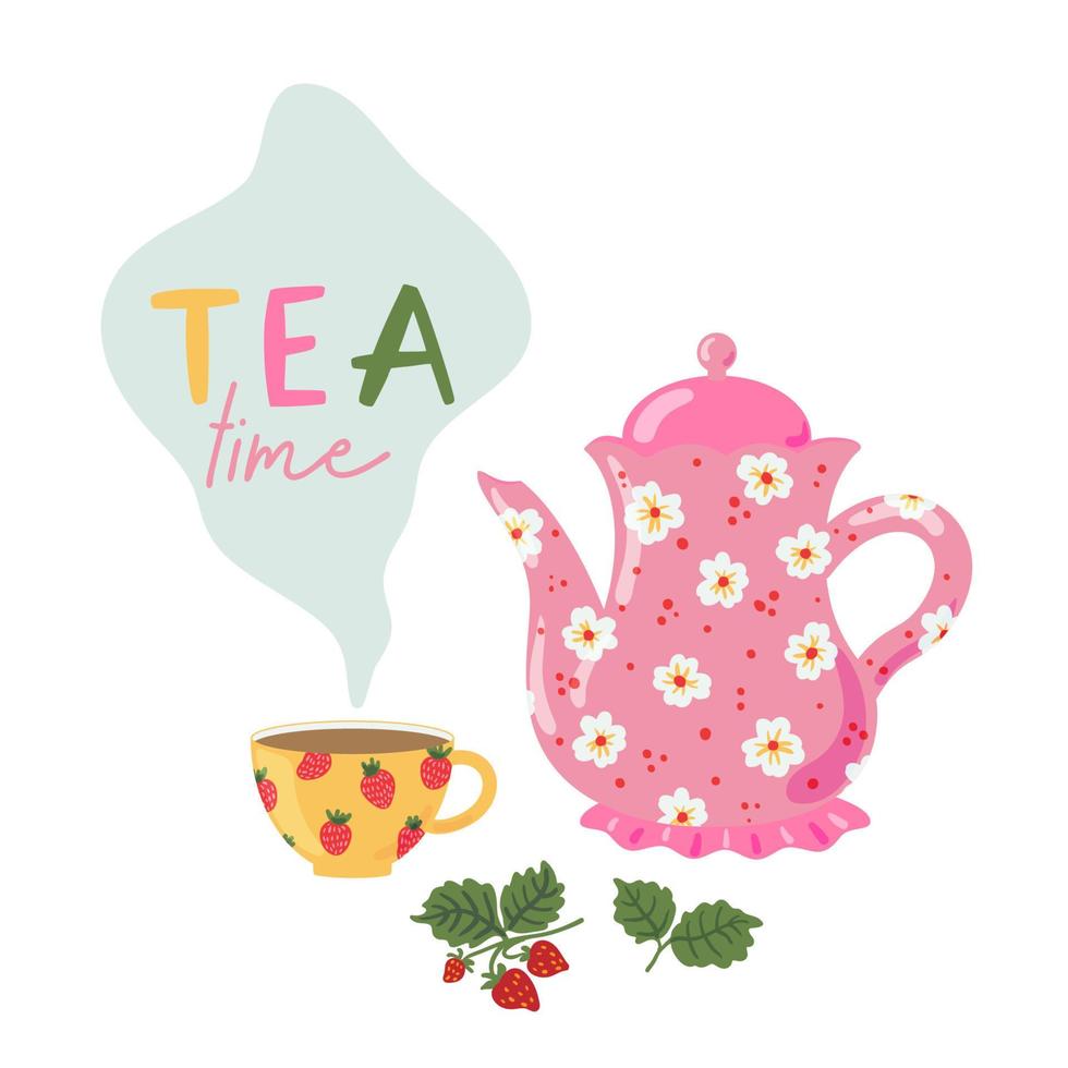 Afternoon tea time card. Tea cup and teapot vector illustration. Porcelain crockery with tea time phrase isolated on white background. Decorative dishware with hot drink. English breakfast beverage.