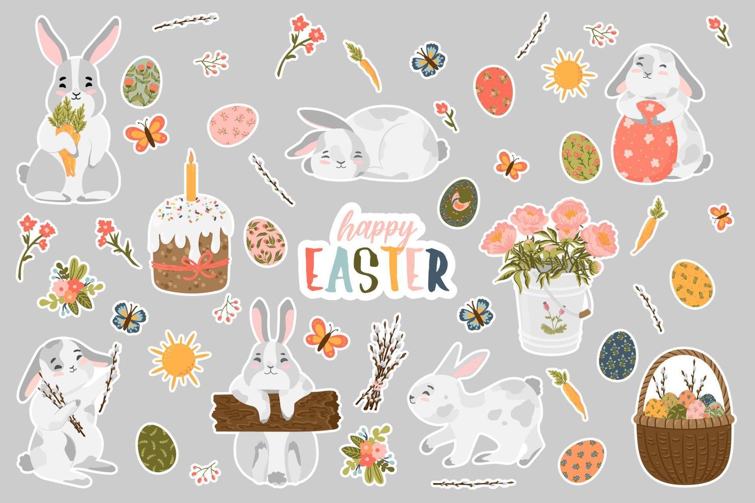 feliz día de pascua pegatinas colección colorida con lindo conejito y elementos de pascua. ilustración de dibujos animados planos vectoriales. vector