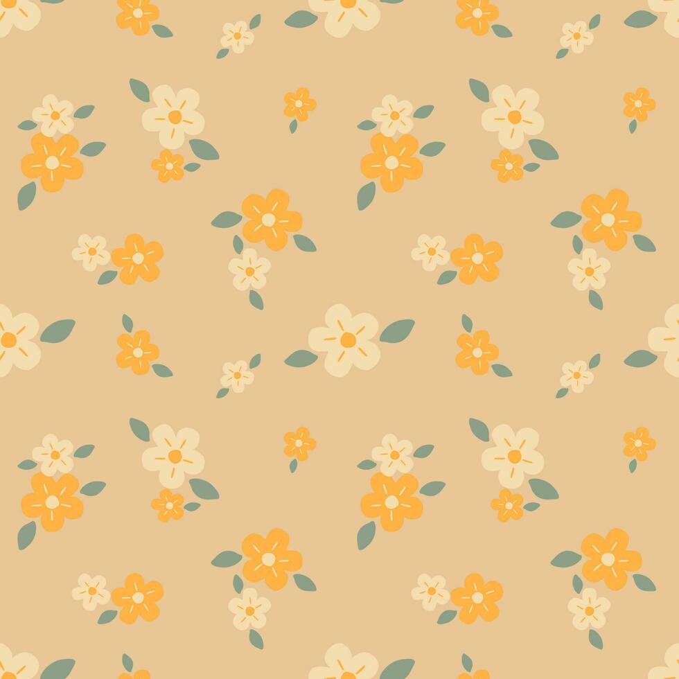 Seamless background with light yellow floral patterns on a cream colored background. vector
