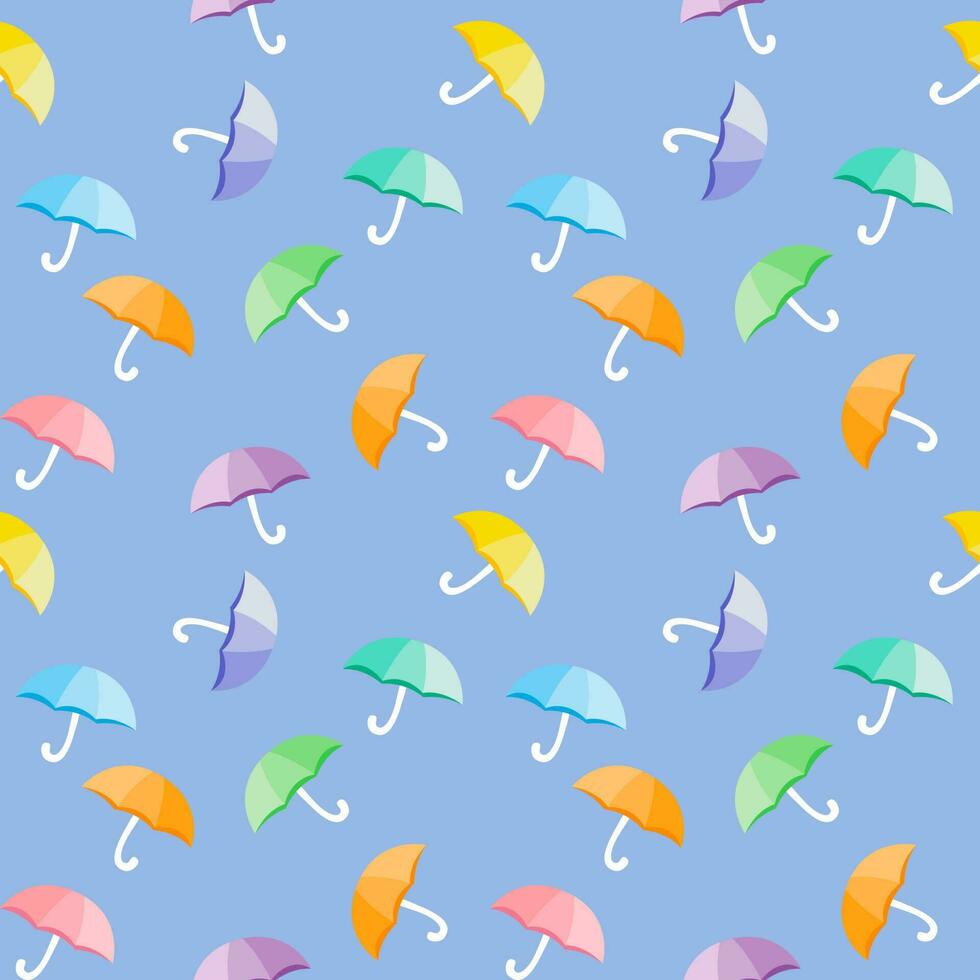 Seamless background with various colored umbrella patterns on blue background. vector
