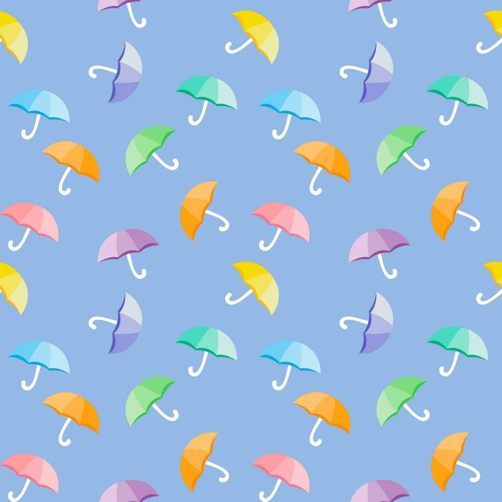 Seamless background with various colored umbrella patterns on blue ...