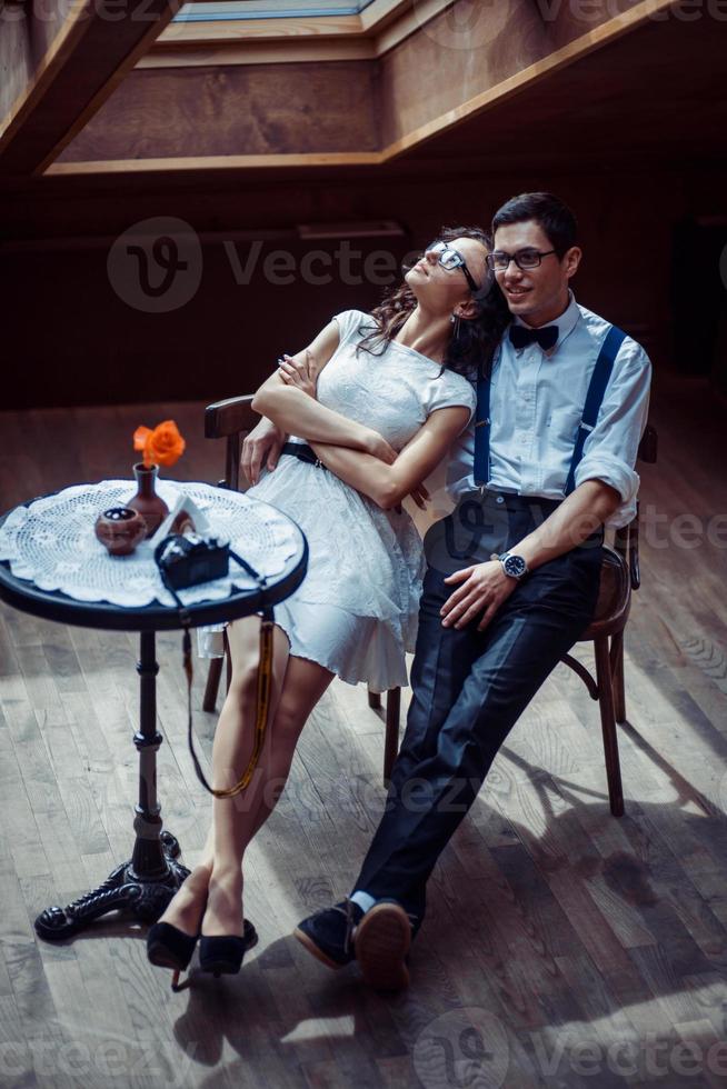 Romantic couple in love bonding in cafe photo